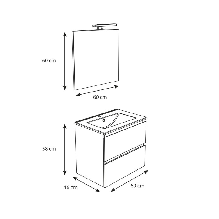 Ensemble meuble salle de bain 60 cm + plan céramique + miroir + led - Effet Chêne Hamiton - A suspendre - Bazil