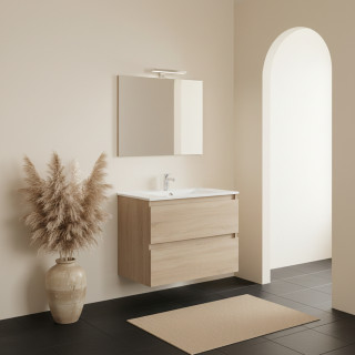 Ensemble meuble salle de bain 80 cm + plan céramique + miroir + led - Effet Chêne Hamiton - A suspendre - Bazil