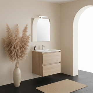 Ensemble meuble salle de bain 60 cm + plan céramique + miroir + led - Effet Chêne Hamiton - A suspendre - Bazil