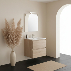 Ensemble meuble salle de bain 60 cm + plan céramique + miroir + led - Effet Chêne Hamiton - A suspendre - Bazil