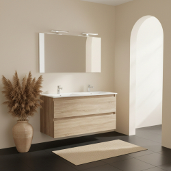 Ensemble meuble salle de bain 120 cm + plan céramique + miroir + led - Effet Chêne Hamiton - A suspendre - Bazil