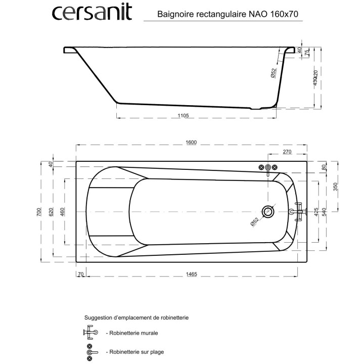 Baignoire rectangulaire NAO 160*70 à encastrer (SANS TABLIER)