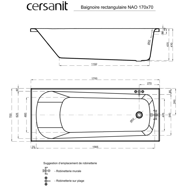 Baignoire rectangulaire NAO 170*70 à encastrer (SANS TABLIER)