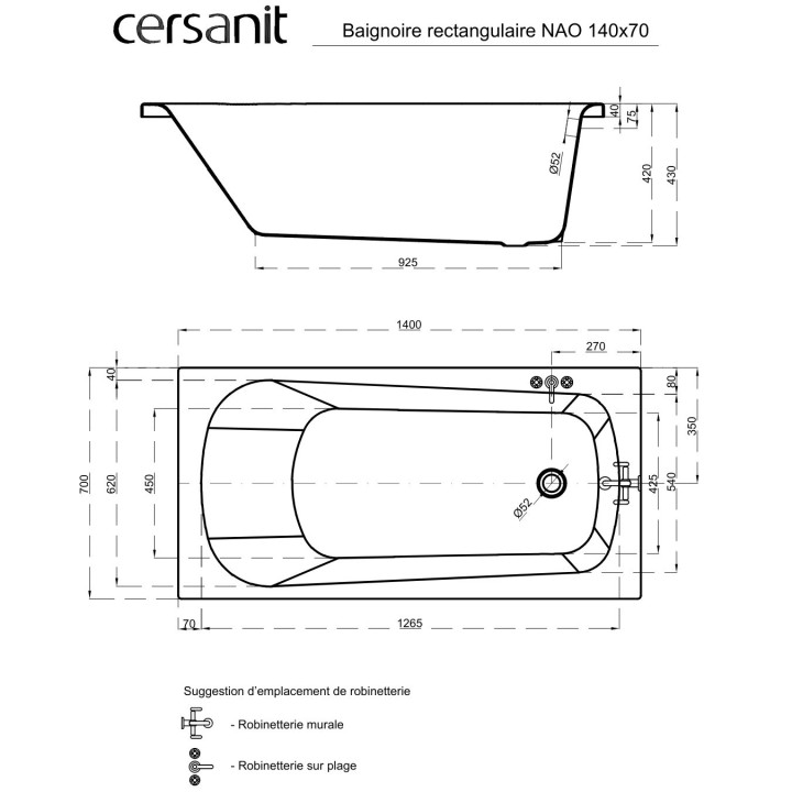 Baignoire rectangulaire NAO 140*70 à encastrer (SANS TABLIER)