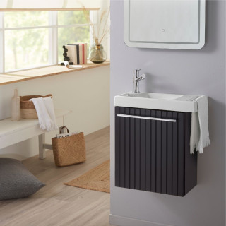Pack lave-mains noir mat strié avec porte serviette - robinetterie eau froide à gauche - L.48 X H. 52.5 cm - Houston