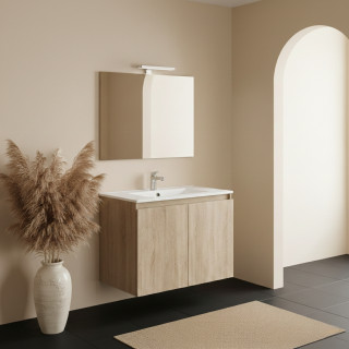 Ensemble meuble salle de bain 80 cm + plan céramique + miroir + led - Effet Chêne Hamiton - A suspendre - 2 portes - Bazil