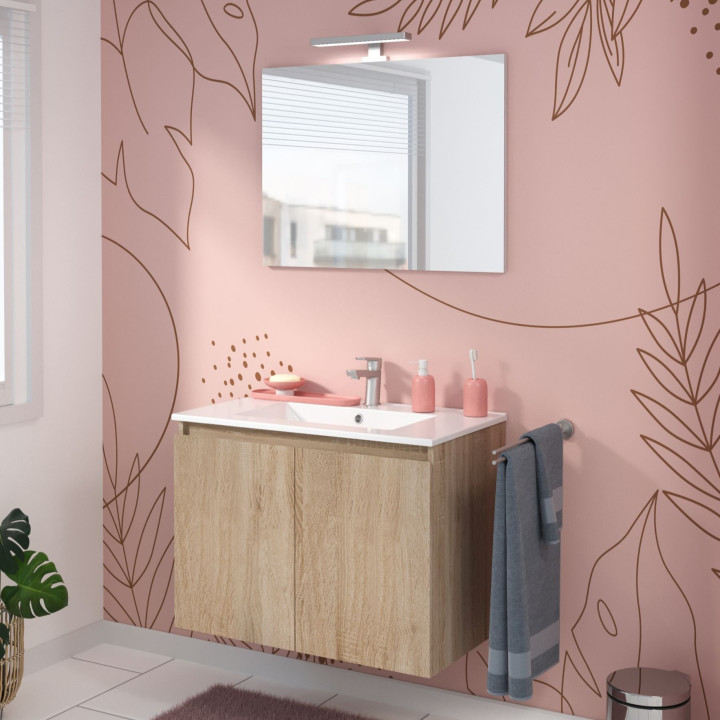 Ensemble meuble salle de bain 80 cm + plan céramique + miroir + led - Effet Chêne Hamiton - A suspendre - 2 portes - Bazil