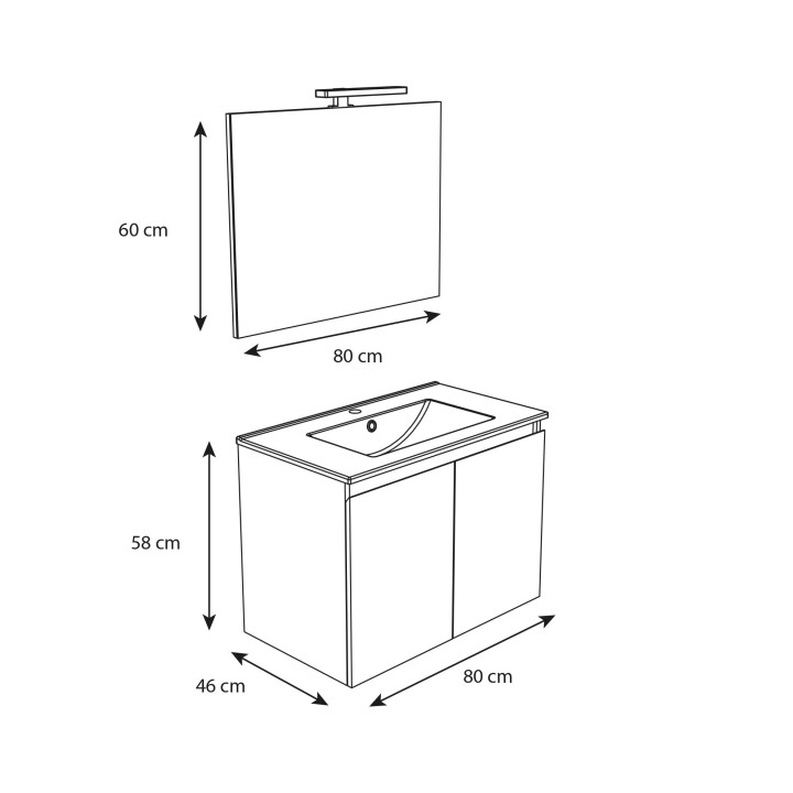 Ensemble meuble salle de bain 80 cm + plan céramique + miroir + led - Effet Chêne Hamiton - A suspendre - 2 portes - Bazil
