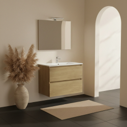 Ensemble meuble salle de bain 80 cm + plan céramique + miroir + led - Effet Chêne Halifax - A suspendre - Max