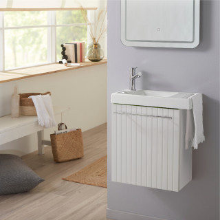 Pack lave-mains Blanc mat strié avec porte serviette - mitigeur à gauche - L.48 X H. 52.5 cm - Houston