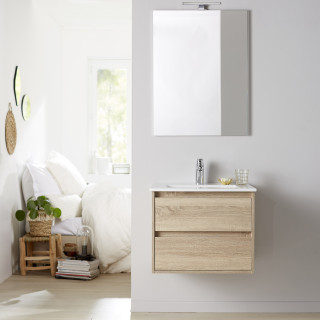Meuble salle de bain - 60 cm - avec plan vasque - Effet chêne cambrian - A suspendre - miroir et éclairage inclus - Siris