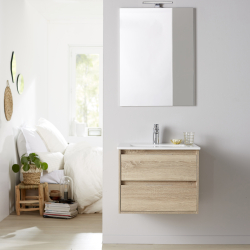 Meuble salle de bain - 60 cm - avec plan vasque - Effet chêne cambrian - A suspendre - miroir et éclairage inclus - Siris