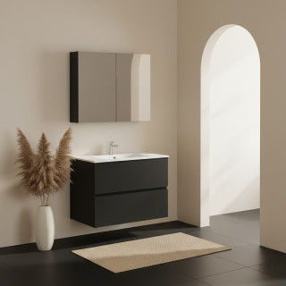 Ensemble meuble salle de bain 80 cm + plan céramique + armoire - Noir mat - A suspendre - Donna