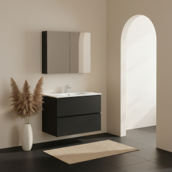 Ensemble meuble salle de bain 80 cm + plan céramique + armoire - Noir mat - A suspendre - Donna
