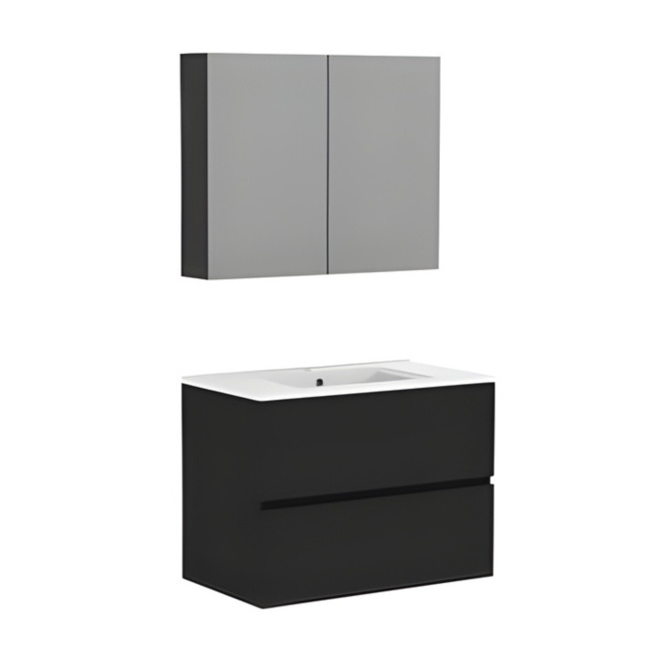 Ensemble meuble salle de bain 80 cm + plan céramique + armoire - Noir mat - A suspendre - Donna