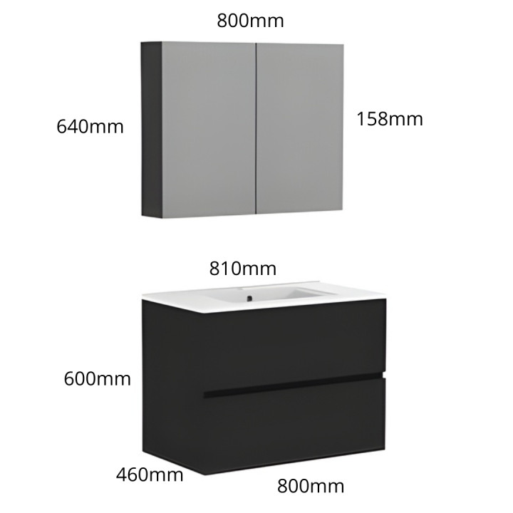 Ensemble meuble salle de bain 80 cm + plan céramique + armoire - Noir mat - A suspendre - Donna