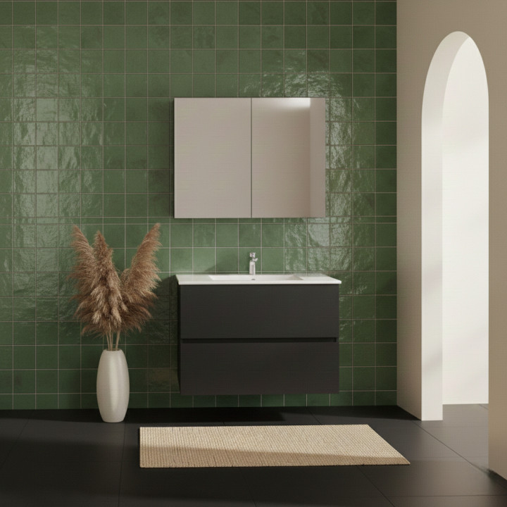 Ensemble meuble salle de bain 80 cm + plan céramique + armoire - Noir mat - A suspendre - Donna