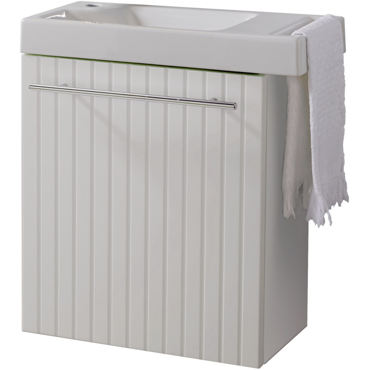 Meuble lave-mains strié Blanc mat avec lave-mains et porte serviette intégré pour Robinet à gauche Solo