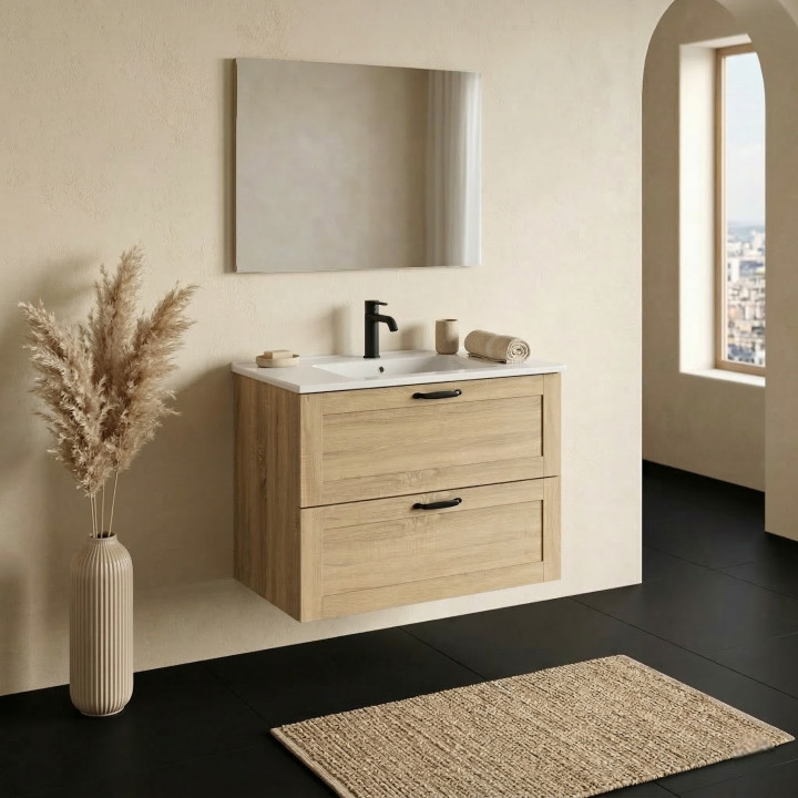 Meuble salle de bain 80 cm - Plan vasque céramique - Effet chêne hamilton - A suspendre - Cambridge