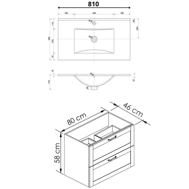 Meuble salle de bain 80 cm - Plan vasque céramique - Effet chêne hamilton - A suspendre - Cambridge