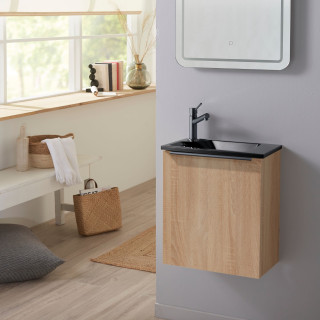Meuble finition bois pour wc avec lave-mains en solid surface noir et mitigeur noir