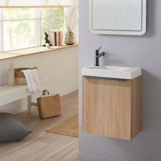 Meuble lave-mains finition bois oak avec mitigeur noir et poignée noire