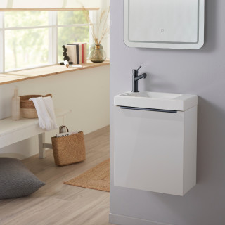 Meuble lave-mains blanc avec vasque en céramique, mitigeur et poignée noire