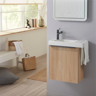 Meuble lave-mains décor bois avec porte serviette en céramique et mitigeur noir