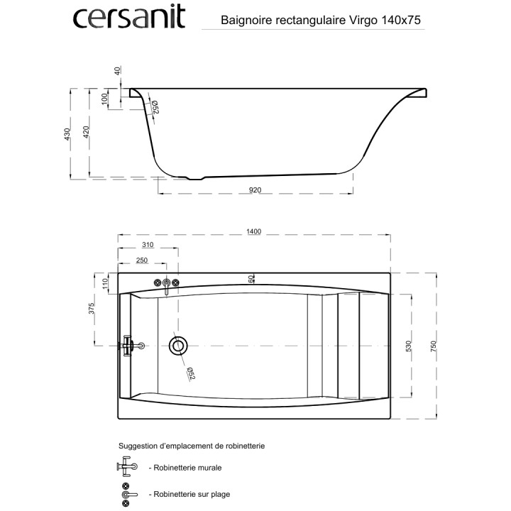 Baignoire rectangulaire VIRGO 140x75 encastrable en acrylique + tablier central