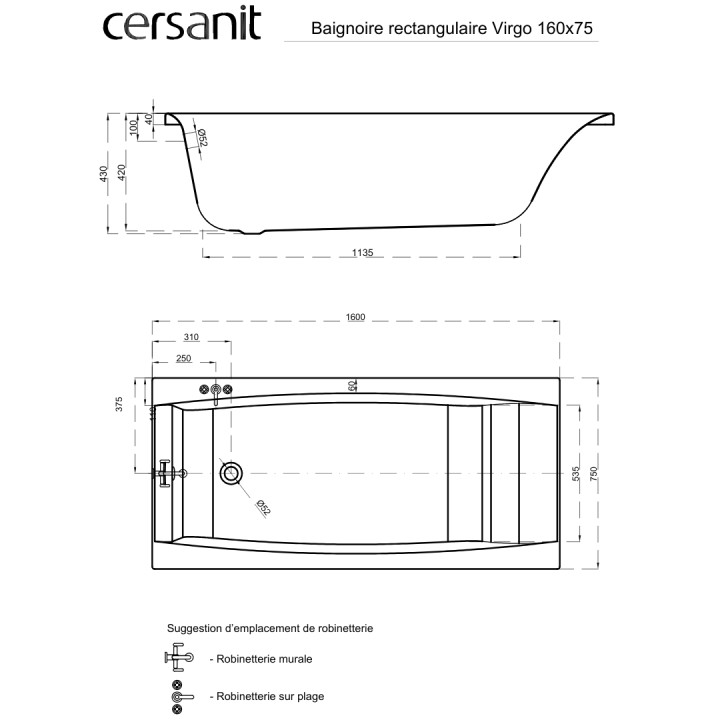 BAIGNOIRE RECTANGULAIRE VIRGO 160*75 + TABLIER