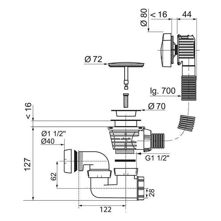 Vidage complet de baignoire NF à câble finition ABS noir mat L. 700 mm - 30724541