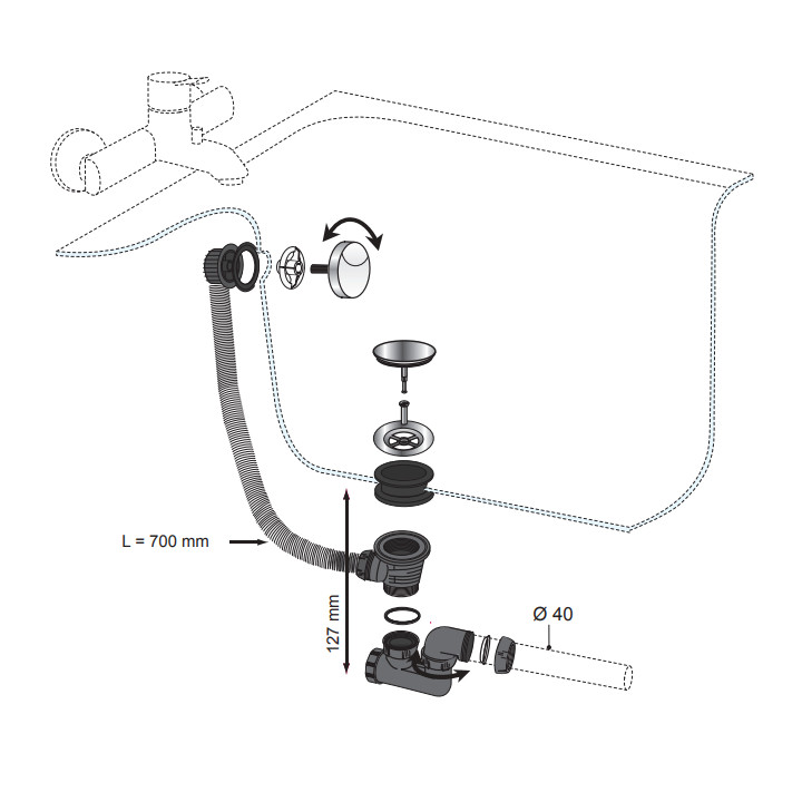 Vidage complet de baignoire NF à câble finition ABS noir mat L. 700 mm - 30724541