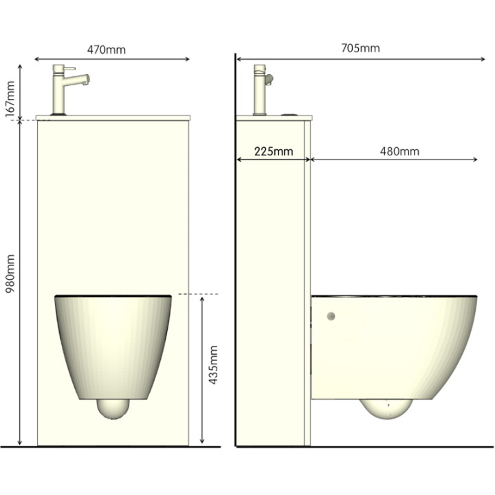 Pack WC suspendu avec lave-mains intégré + Cuvette gain de place sans bride corolla Blanc mat