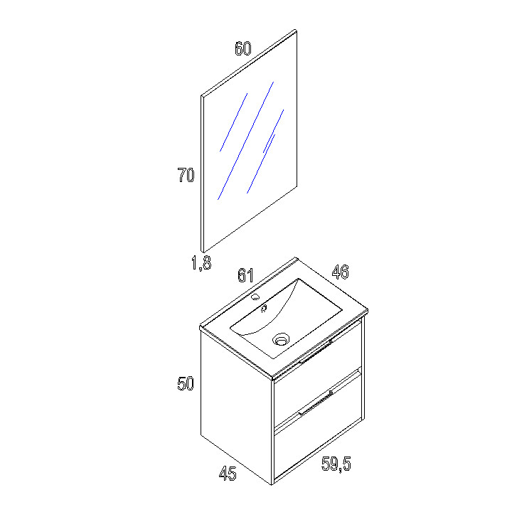 Meuble salle de bain - 60 cm - avec plan vasque - Effet chêne cambrian - A suspendre - miroir et éclairage inclus - Siris