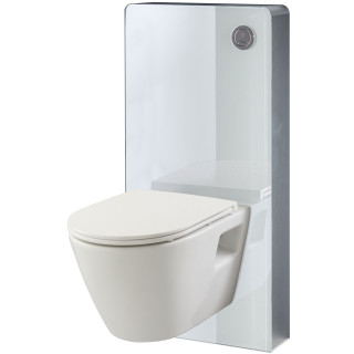 Pack WC suspendu avec bâti Verre blanc + Cuvette suspendue sans bride et abattant slim