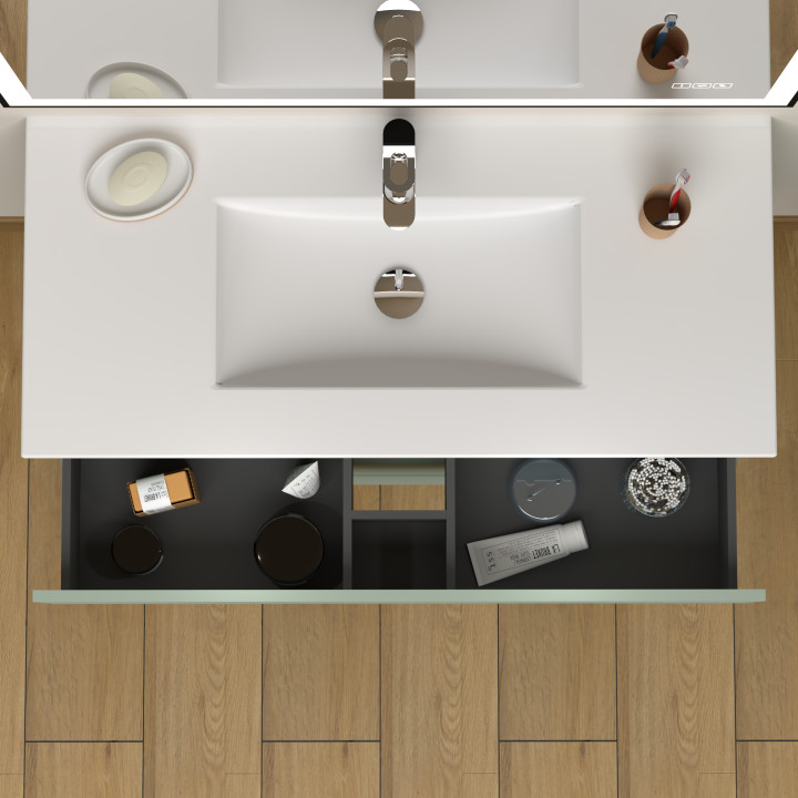 Meuble salle de bain 100 cm A poser - Plan vasque céramique - Vert mat - Karaib 2