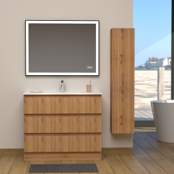 Meuble salle de bain 100 cm A poser - Plan vasque céramique - Effet bois strié - Karaib 2