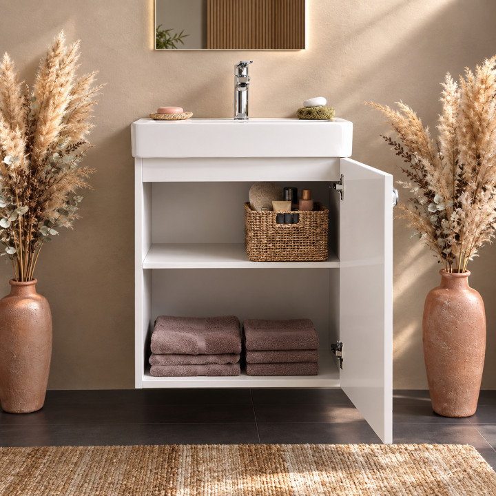 Meuble salle de bain faible profondeur 50 cm x 30 cm blanc strié à suspendre Vetti