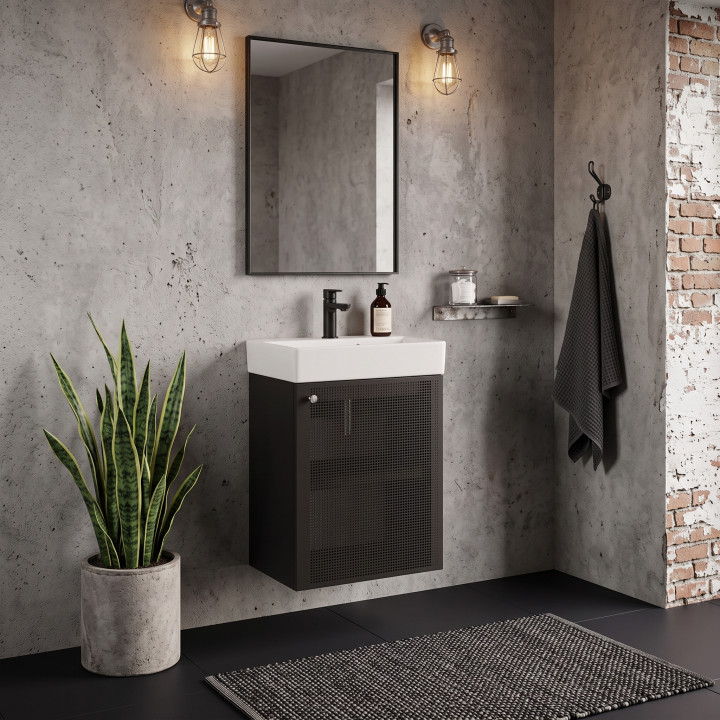 Meuble salle de bain faible profondeur 50 cm x 30 cm noir mat à suspendre Doti