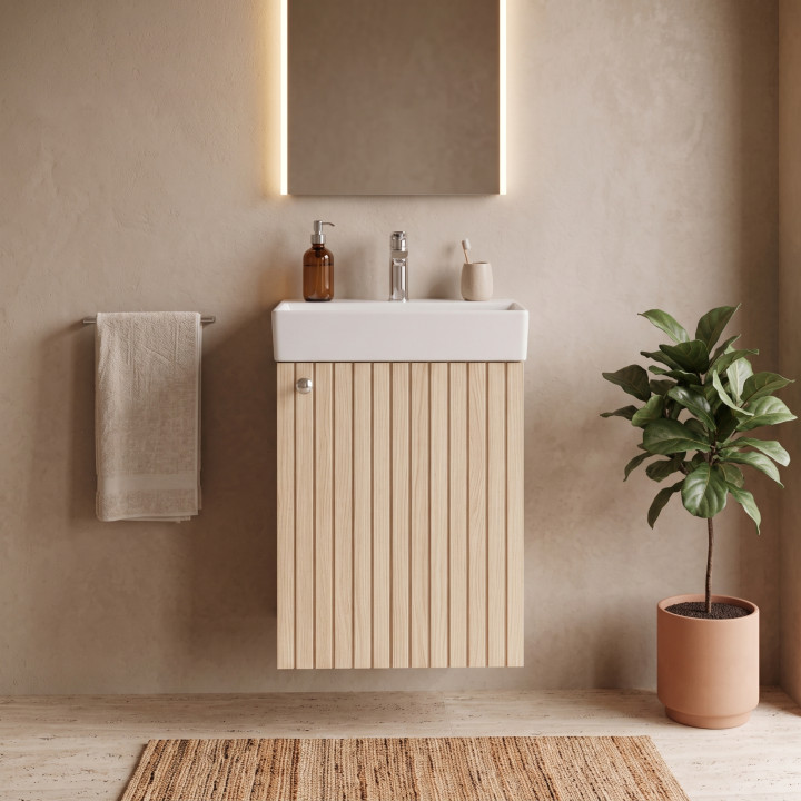 Meuble salle de bain faible profondeur 50 cm x 30 cm Chêne vincenza strié à suspendre Vetti