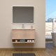 Meuble salle de bain 90 cm avec tiroir et niche - Plan vasque céramique - Effet rainuré chêne clair - A suspendre - Loomy