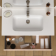 Meuble salle de bain 90 cm avec tiroir et niche - Plan vasque céramique - Effet rainuré chêne clair - A suspendre - Loomy