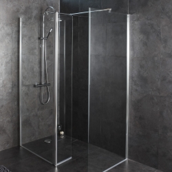 Ensemble double paroi de douche fixe 90 + 80 cm avec porte mobile 27 cm aluminium chromé verre securit 6 mm réversible