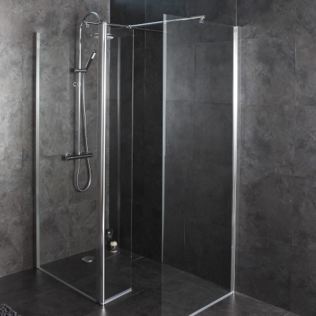 Ensemble double paroi de douche fixe 90 + 80 cm avec porte mobile 27 cm aluminium chromé verre securit 6 mm réversible
