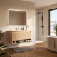 Meuble salle de bain 90 cm avec tiroir et niche - Plan vasque céramique - Effet rainuré chêne clair - A suspendre - Loomy