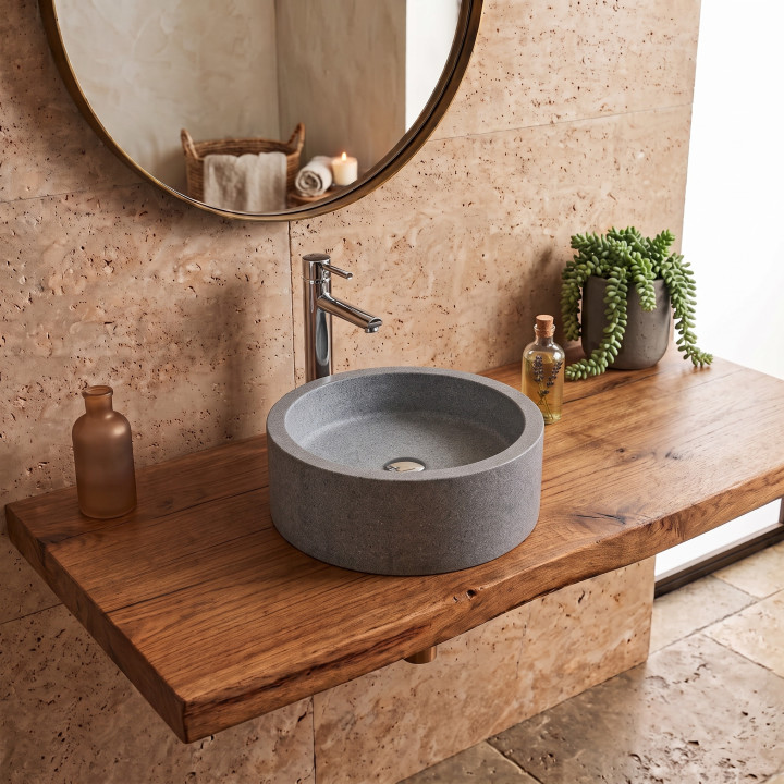 Vasque à Poser Cylindrique en Pierre Naturelle – Élégance Moderne