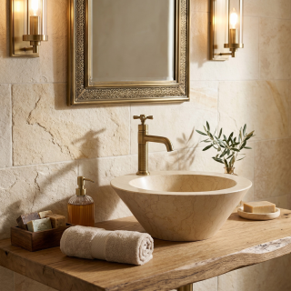 Vasque à Poser Conique en Pierre Naturelle Beige – Élégance Raffinée