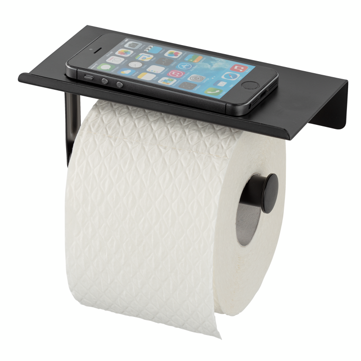 Dérouleur Porte-papier toilette avec tablette noir mat en acier - Walli Wenko