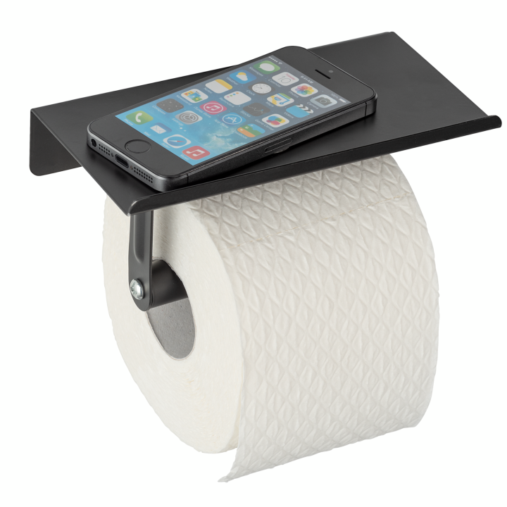 Dérouleur Porte-papier toilette avec tablette noir mat en acier - Walli Wenko