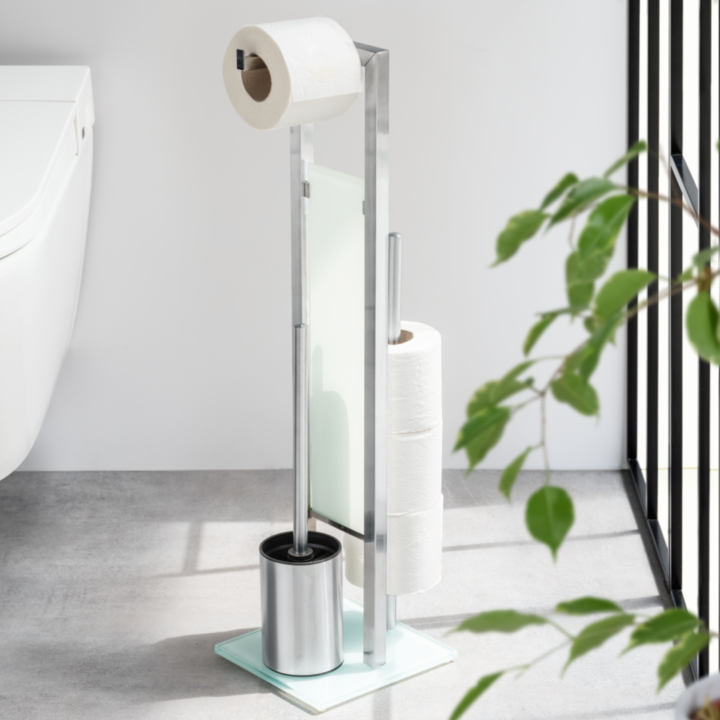 Serviteur WC sur pied inox mat et verre blanc Rivalta | PlaneteBain